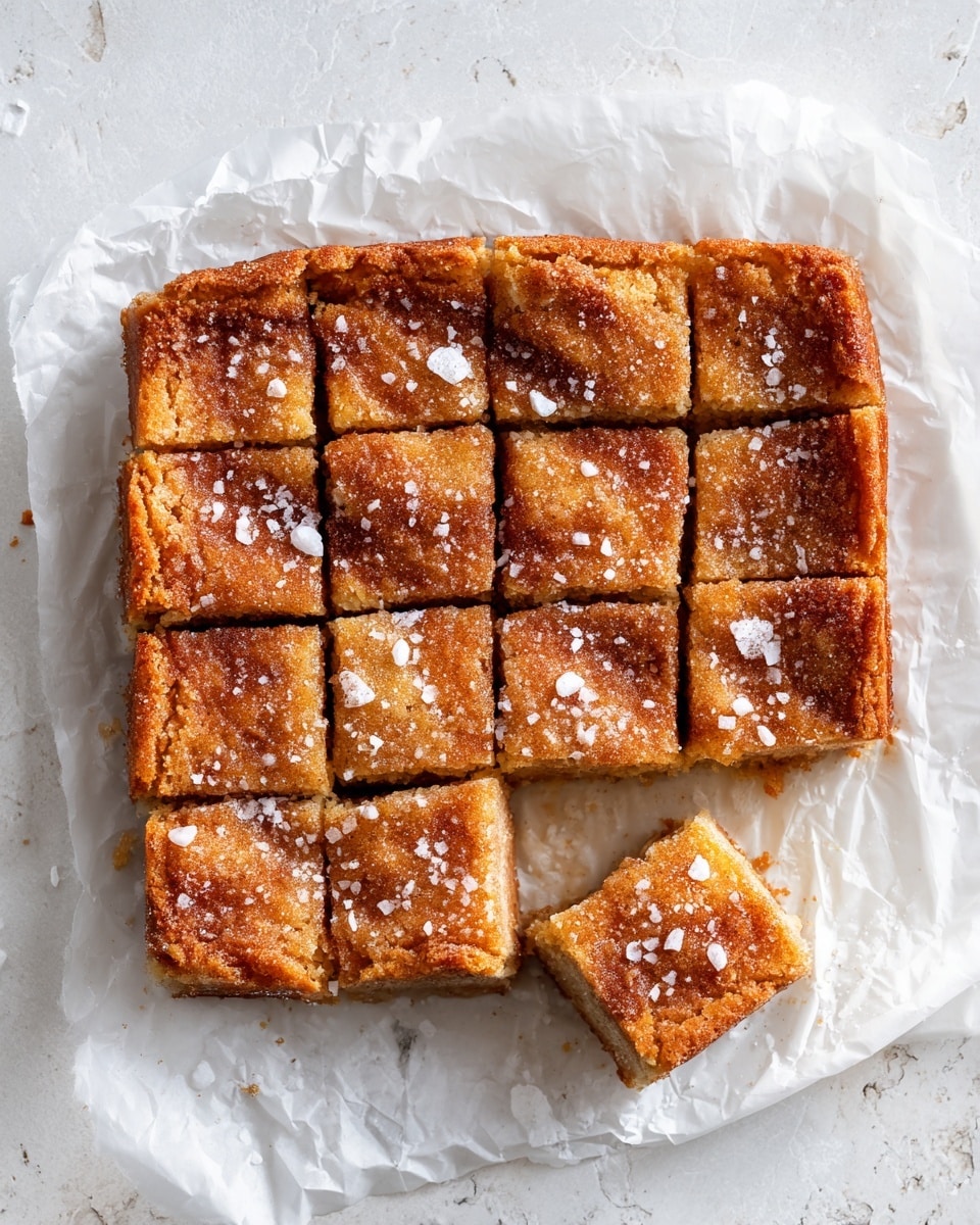 A top view of a flat baked dessert cut into 15 square pieces, arranged in a 4 by 4 grid with one piece missing. The dessert has a golden brown top dusted with a fine layer of cinnamon and sugar, and large flakes of white salt scattered across the surface. It rests directly on crinkled white parchment paper, which is placed on a white marbled textured surface. One square piece is separated from the main grid and positioned slightly below and to the right. Photo taken with an iphone --ar 4:5 --v 7