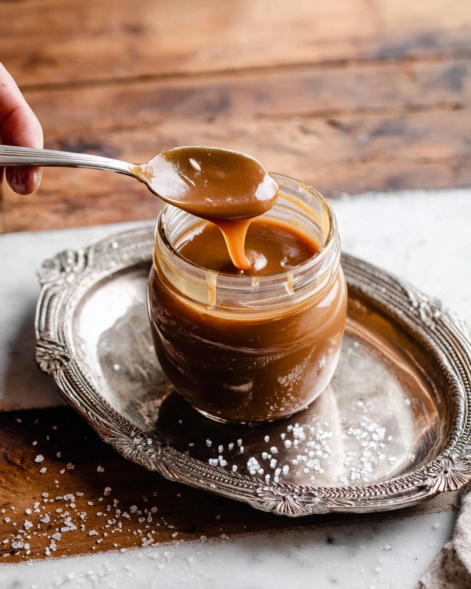 A clear glass jar filled with thick, smooth caramel sauce showing a shiny, rich brown color is placed on an ornate silver tray with detailed patterns. A woman's hand holds a silver spoon above the jar, loaded with the glossy caramel sauce, showing its creamy and thick texture. The scene is set on a white marbled surface with a warm wooden background and scattered salt grains, adding a rustic feel. Photo taken with an iphone --ar 4:5 --v 7