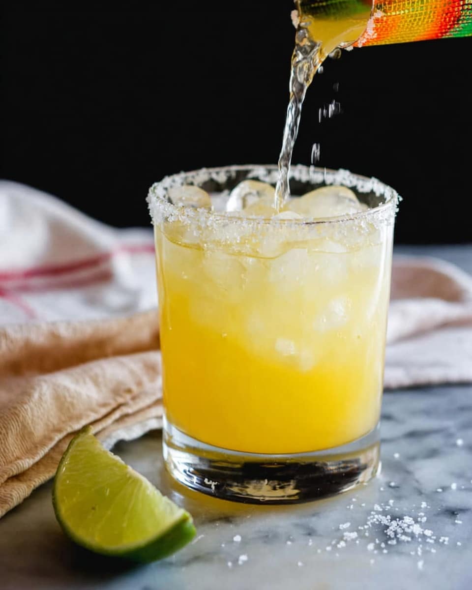 A clear short glass with coarse salt around the rim holds a bright yellow drink with ice cubes filling about three-quarters of the glass. A splash of clear liquid is being poured from a colorful container into the drink. In front of the glass, a fresh lime wedge rests on a white marbled surface. A white cloth with faint red stripes lies softly in the background, set against a dark backdrop. photo taken with an iphone --ar 4:5 --v 7