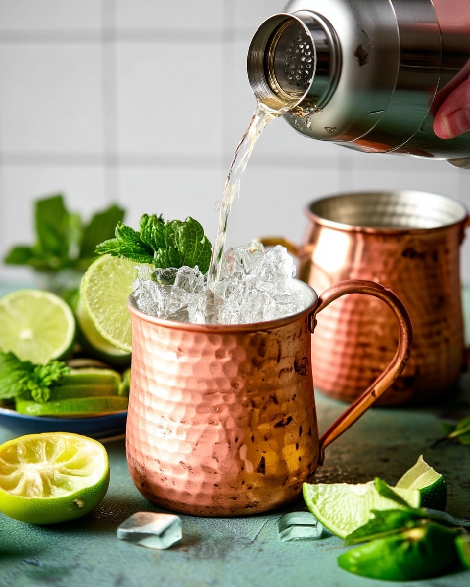 A white hammered copper cup filled with clear liquid and ice cubes is shown, with more clear liquid being poured from a green bottle with a yellow label into the cup. The cup sits on a worn textured green surface with scattered lime wedges, a halved squeezed lime, a metal bottle cap, and sprigs of fresh green mint leaves. Another white hammered copper cup filled with ice sits in the background, with a blurred white tiled wall behind the scene. Photo taken with an iphone --ar 4:5 --v 7