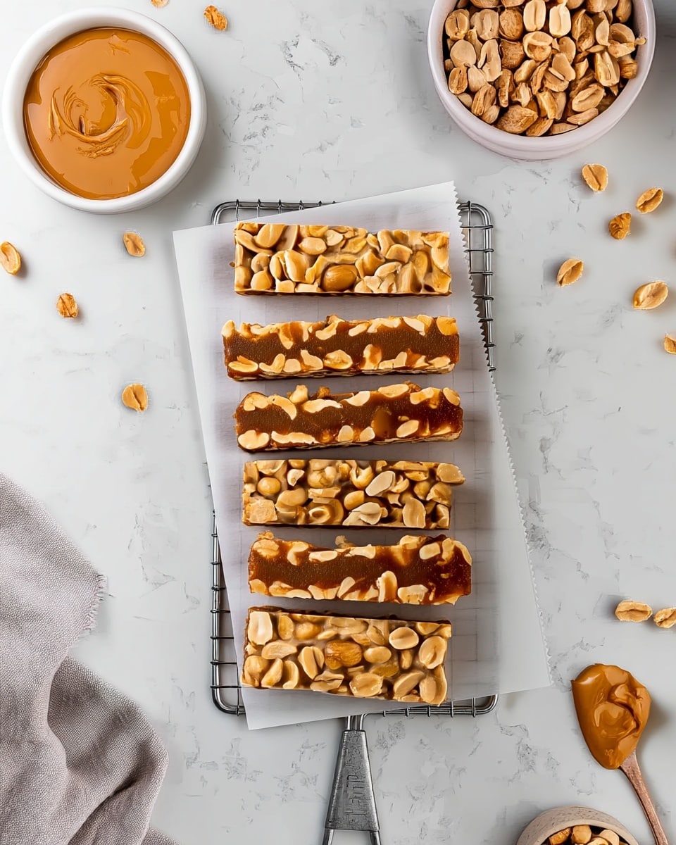 Five rectangular peanut bars are lined up vertically on white parchment paper over a wire rack with a metal handle. Each bar has a thick top layer of light tan peanuts packed tightly together and a bottom layer of caramel brown sticky nut mixture. Around the rack on a white marbled surface are scattered loose peanuts and bowls: one holding untouched peanuts and another with smooth peanut butter, a spoon with peanut butter rests nearby. The colors are mainly light brown, caramel, and beige with a clean white marbled background. photo taken with an iphone --ar 4:5 --v 7