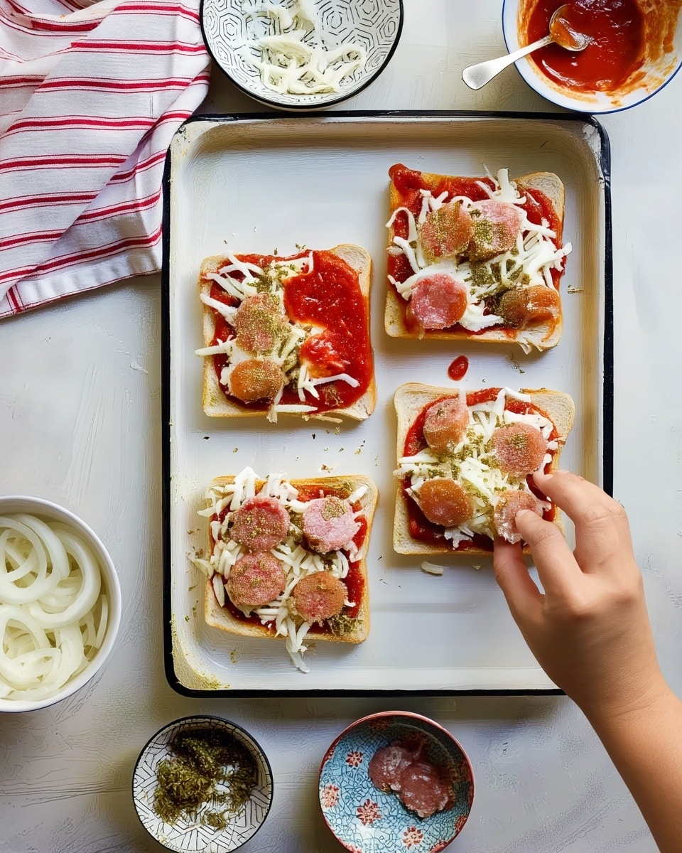 Four slices of white bread lie on a white baking tray. Each slice has a layer of red tomato sauce spread evenly, topped with white shredded cheese scattered across, and then several round slices of sausage placed on top. Some green seasoning is sprinkled over the sausage and cheese. A woman's hand is seen adding cheese to the bottom left slice. Around the baking tray on a white marbled surface are four small white bowls, one with sliced white onions, one with tomato sauce and a spoon inside, one with green herbs, and another with more sausage slices. A white cloth with red stripes is partially visible on the upper left. photo taken with an iphone --ar 4:5 --v 7