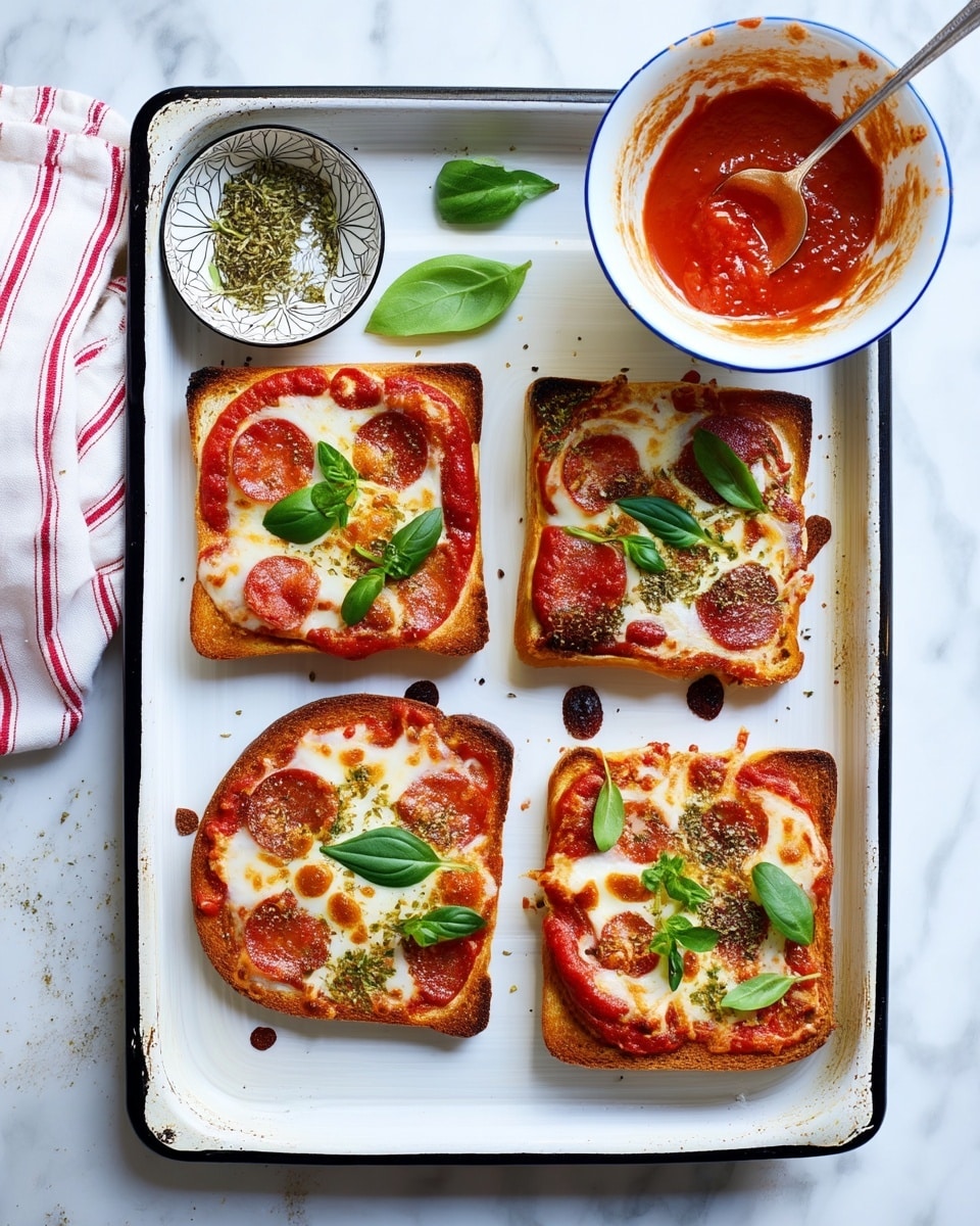 The image shows four small square pizzas on a white baking tray with a black rim. Each pizza has a base layer of toasted golden-brown bread, topped with melted white cheese, and evenly placed round pepperoni slices that are reddish with a slightly crispy edge. Fresh green basil leaves are scattered on top of each pizza, adding a pop of color. The tray has some small dark spots from melted cheese. Around the tray, on a white marbled surface, there is a white bowl with a blue rim containing red pizza sauce with a spoon inside, and another small white bowl with herbs. A white cloth with red stripes is casually placed to the top left of the tray. Photo taken with an iphone --ar 4:5 --v 7