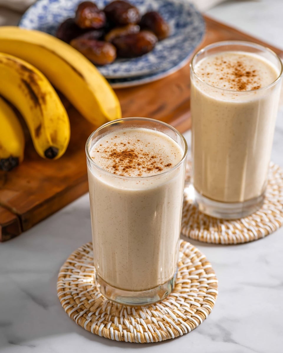 Two tall clear glasses filled with a creamy light beige smoothie, each topped with a light sprinkle of brown spice. The glasses are placed on woven round coasters with beige and white colors, resting on a white marbled surface. Behind the glasses, there are two ripe yellow bananas with brown spots placed on a wooden board. In the blurred background, a white plate with blue patterns holds dark brown, round food pieces. Photo taken with an iphone --ar 4:5 --v 7