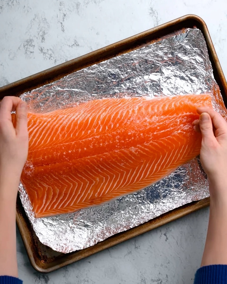 A large piece of raw orange salmon fillet with fine white lines is placed flat on a baking tray lined with shiny silver foil. Two woman's hands are seen holding the salmon at opposite ends, gently lifting it. The background is a white marbled surface. photo taken with an iphone --ar 4:5 --v 7