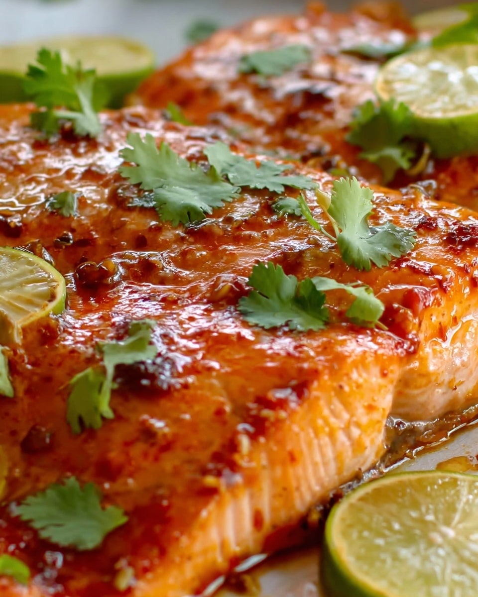 The image shows a close-up of a cooked salmon fillet with a rich orange color and a slightly glossy texture from a sauce or glaze. The salmon is garnished with fresh green cilantro leaves and small lime slices placed on top. The surface beneath the salmon is white with a marbled texture, adding a clean and elegant look. The salmon's texture is flaky, showing layers of tender fish. photo taken with an iphone --ar 4:5 --v 7