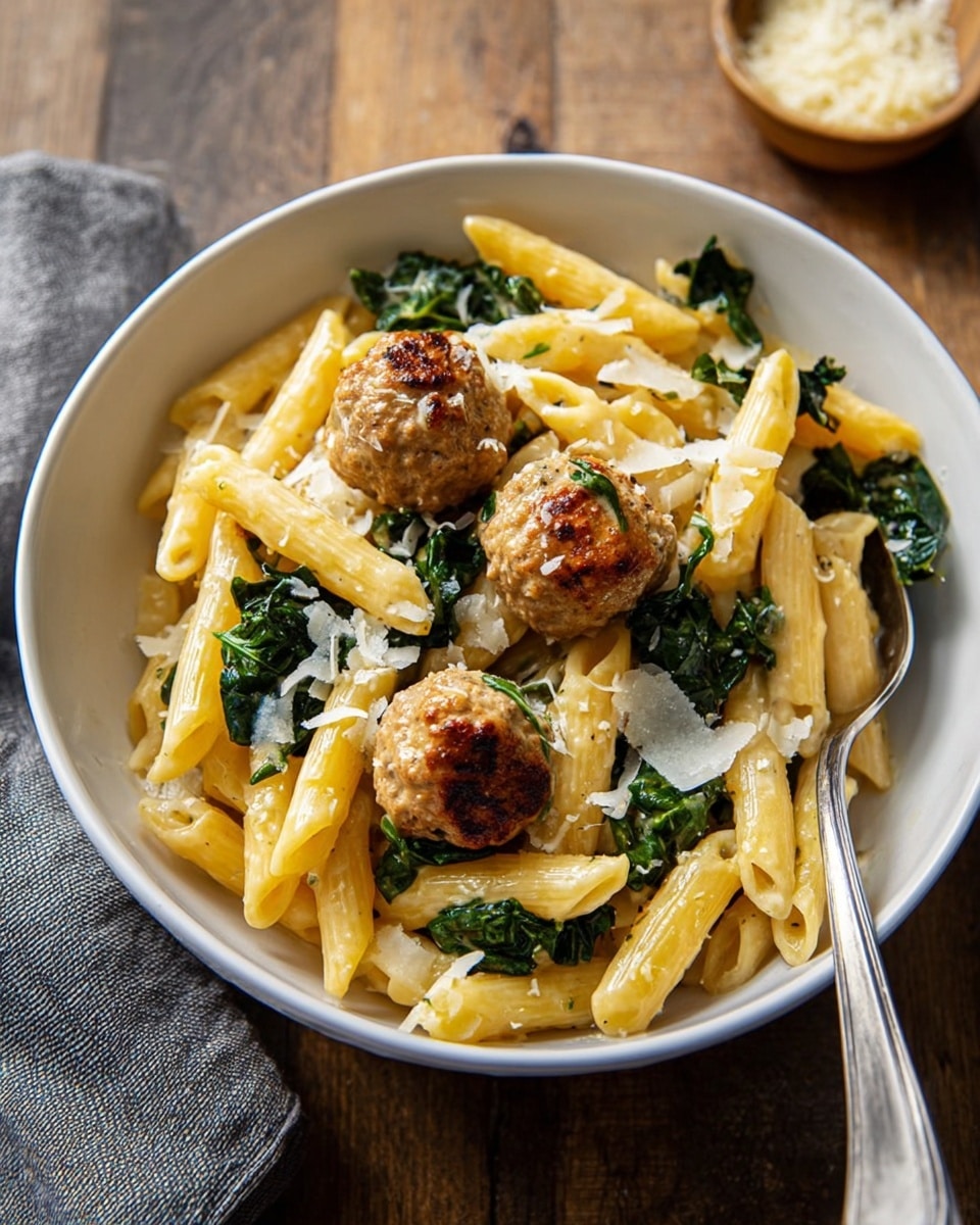 A white bowl filled with three main layers: the bottom layer is a creamy yellow penne pasta twisted and soft; the middle layer shows three golden-brown meatballs with a slightly crispy outer texture; mixed within the pasta and meatballs are scattered pieces of dark green leafy vegetables, adding pops of color; the top layer is finished with small white cheese shavings sprinkled over the pasta and meatballs. A silver spoon is partly inside the bowl on the right side. The bowl sits on a wooden surface, with a blurred grey cloth in the bottom left corner and a small bowl of grated cheese visible in the top right corner. Photo taken with an iphone --ar 4:5 --v 7