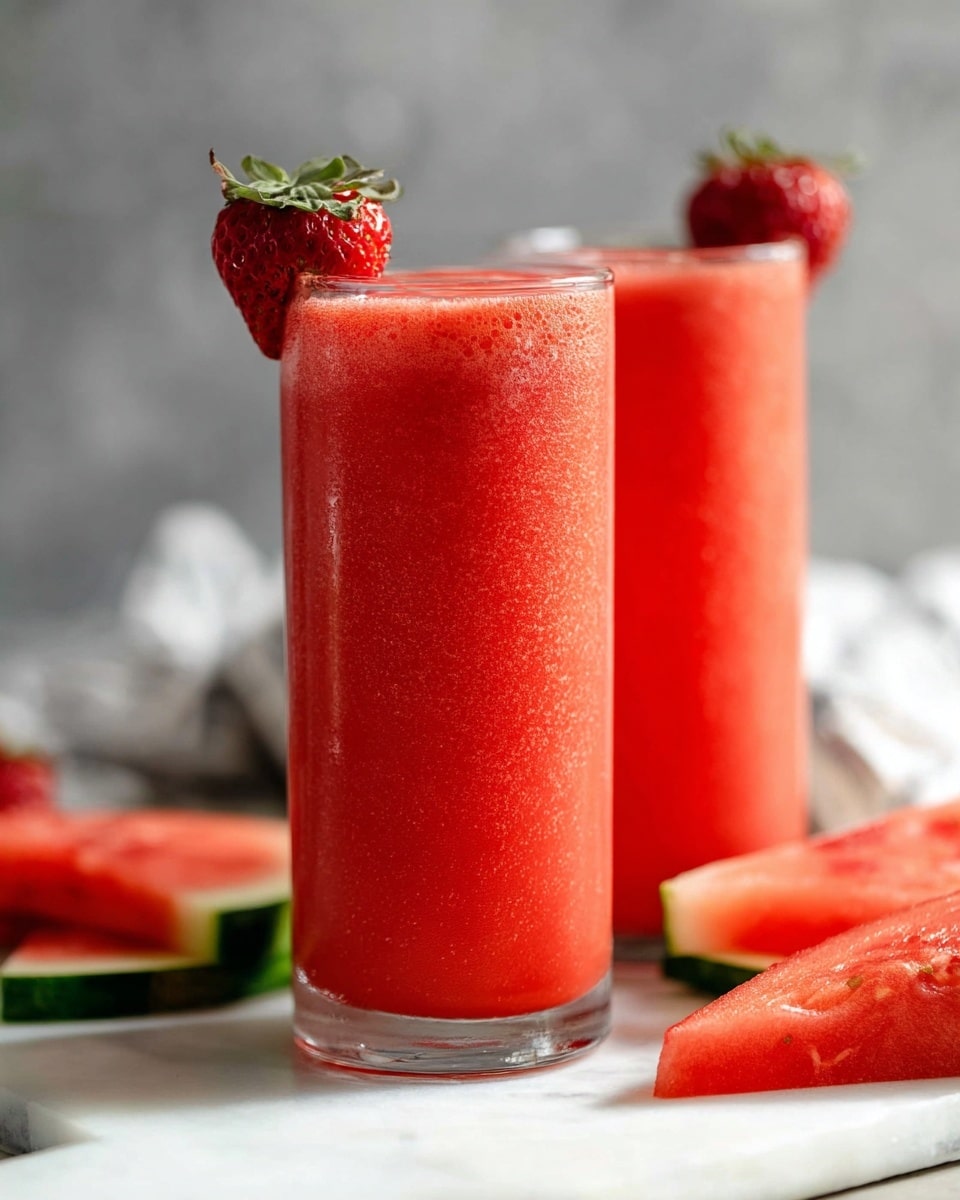 There are two tall clear glasses filled with bright red smooth watermelon juice, each glass topped with a fresh whole strawberry on the rim. The glasses are placed on a white marbled surface with slices of watermelon arranged around them. The background is blurred with soft gray tones, making the red color of the juice and strawberries stand out. photo taken with an iphone --ar 4:5 --v 7