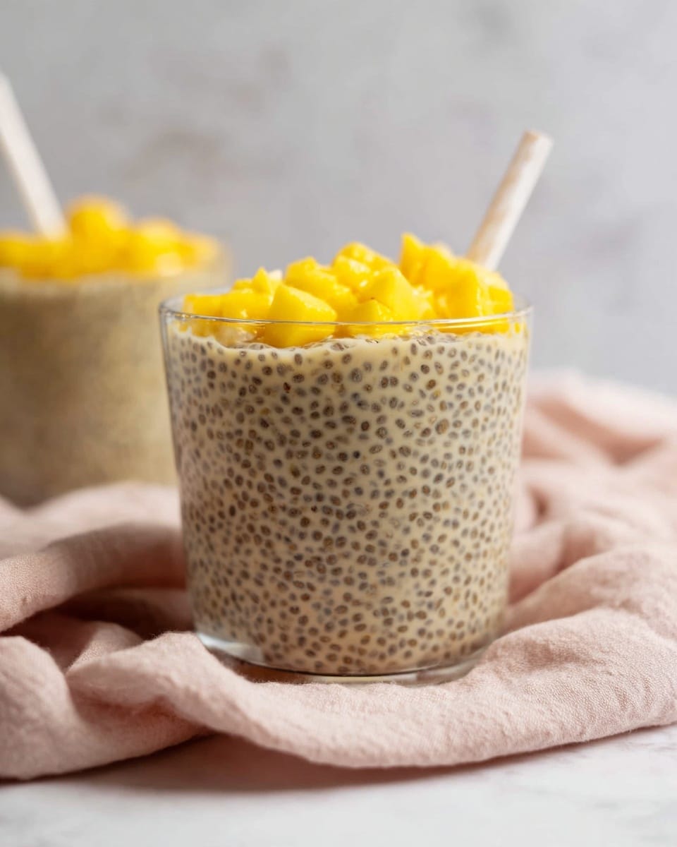A clear glass filled with a thick layer of creamy chia pudding, filled with tiny dark chia seeds evenly spread throughout the light beige mixture. On top, a layer of small yellow mango chunks sits as a garnish. A white straw is placed inside the glass, angled to the right. The glass rests on a crumpled soft light pink cloth, with a smooth white marbled surface in the background and beneath. Another slightly blurred glass with the same contents is visible in the background. Photo taken with an iphone --ar 4:5 --v 7