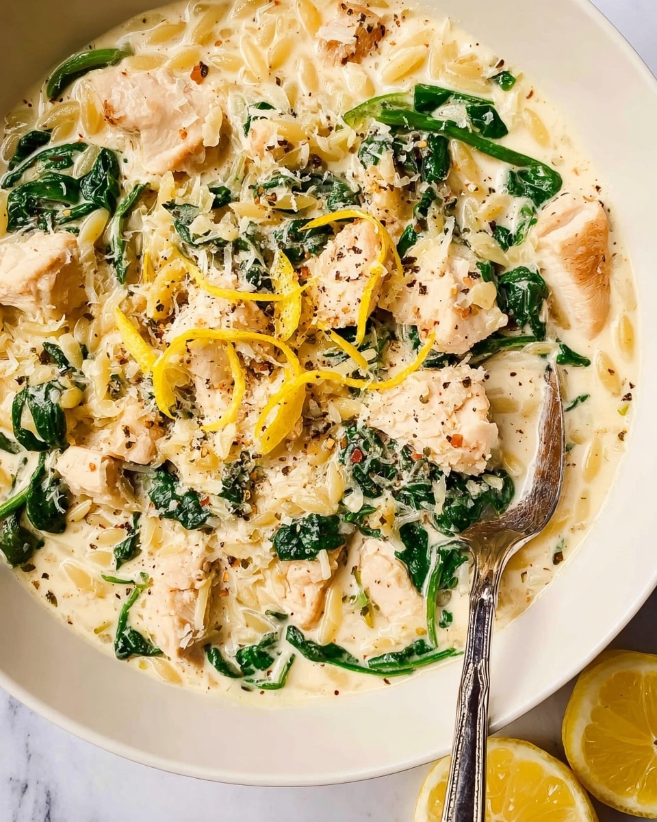 A close-up view of a creamy dish in a white bowl with layers of light beige chicken pieces mixed with creamy white sauce, scattered bright dark green spinach leaves, and tiny pieces of pale yellow orzo pasta. The top is sprinkled with finely grated pale yellow cheese, small dark specks of black pepper, and thin bright yellow lemon zest strands. A silver spoon rests on the right side in the bowl, and part of a sliced lemon is visible at the bottom right on a white marbled surface. photo taken with an iphone --ar 4:5 --v 7