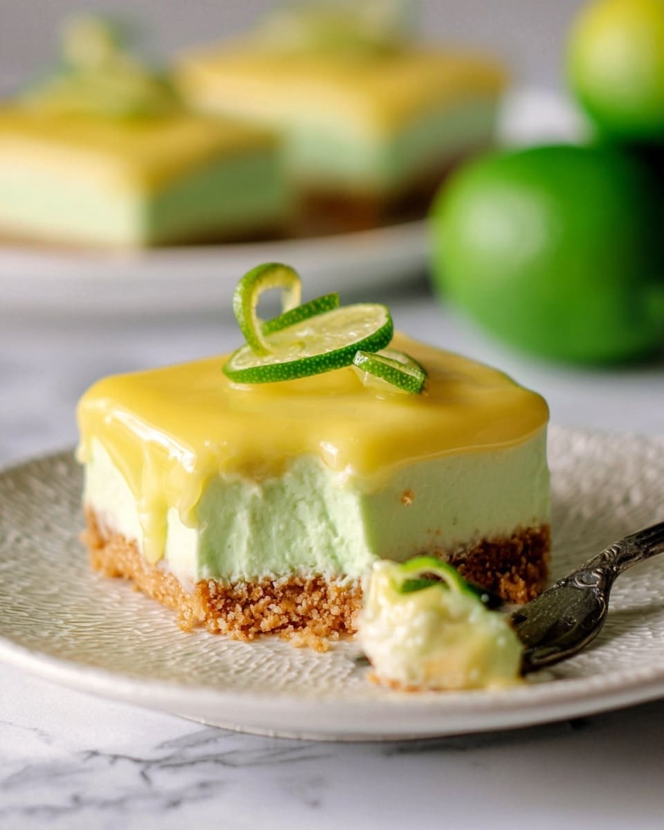 The image shows a dessert square on a white plate with a textured edge, placed on a white marbled surface. The dessert has three visible layers: the bottom layer is a golden-brown crumbly base, the middle layer is a light green creamy filling with a soft texture, and the top layer is a smooth, glossy yellow topping that spreads slightly over the edges. On top of the dessert, there are two curled green lime peels for decoration. A fork with a bite of all three layers is placed beside the dessert, showing the contrast in textures and colors. In the background, blurred whole green limes are visible. Photo taken with an iphone --ar 4:5 --v 7