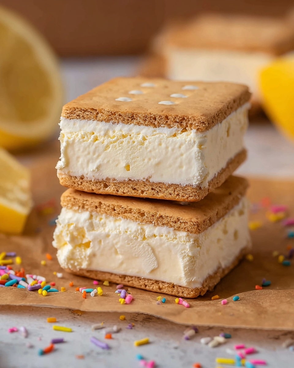 Two square ice cream sandwiches are stacked on a brown paper surface with a white marbled texture in the background. Each sandwich has three layers: the top and bottom layers are light brown, slightly textured, rectangular cookies with small dot patterns, and the thick middle layer is creamy white ice cream with a soft, smooth texture. Around the sandwiches, there are scattered colorful sprinkles and a partial view of a lemon slice on the left side. The image shows the ice cream layers clearly pressed between the cookies, emphasizing the softness of the ice cream and the firmness of the cookies. photo taken with an iphone --ar 4:5 --v 7