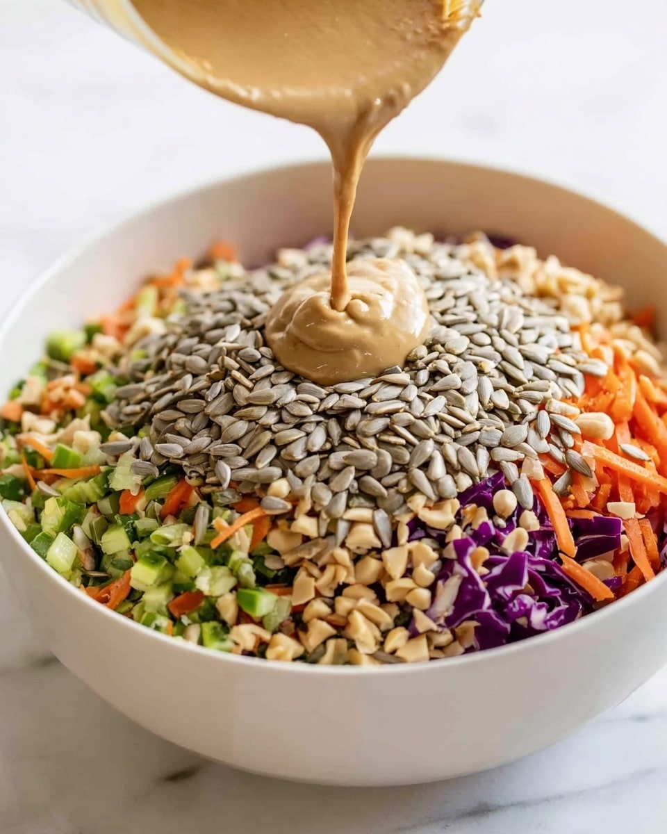 A large white bowl filled with a colorful salad showing three visible layers: the bottom layer is made of chopped green vegetables and shredded purple cabbage and orange carrots, the middle layer is a generous amount of light brown chopped nuts, and the top layer is a dense pile of pale gray sunflower seeds. Light brown creamy dressing is being poured onto the top from above, creating a thick dollop in the center. The bowl is placed on a white marbled surface. photo taken with an iphone --ar 4:5 --v 7