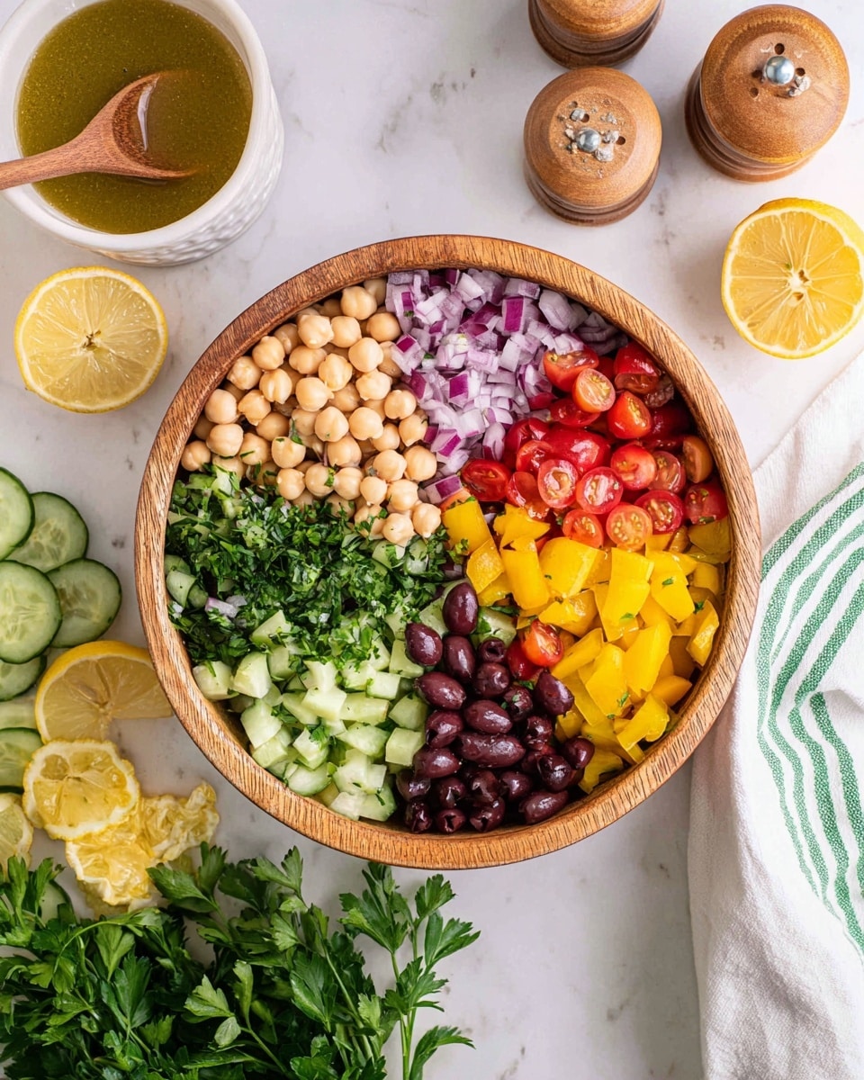 A round wooden bowl holds a colorful salad arranged in eight distinct sections: chickpeas light beige on the top left, diced purple-red onions next to them, bright red halved cherry tomatoes in the middle, dark green chopped fresh herbs alongside, bright yellow bell pepper cubes on top right, dark purple sliced olives below the peppers, white beans near the olives, light green sliced cucumber pieces at the bottom; all layers look fresh and neatly separated. On the top left outside the bowl, there is a small white bowl with greenish mustard sauce with a wooden spoon inside. Around the bowl, fresh parsley bunches, sliced cucumber pieces, lemons cut in half, wood salt and pepper shakers, and a white kitchen towel with green stripes lie on a white marbled surface. photo taken with an iphone --ar 4:5 --v 7