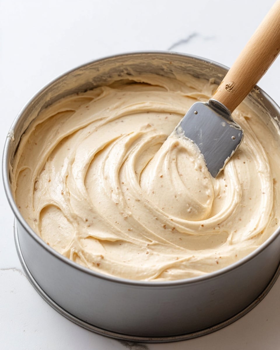 A close-up image of a thick, creamy beige batter with small brown specks being spread smoothly in a round silver baking pan using a metal spatula with a wooden handle, resting on a white marbled surface. The batter has a fluffy texture with soft folds and swirls, filling the pan evenly. photo taken with an iphone --ar 4:5 --v 7
