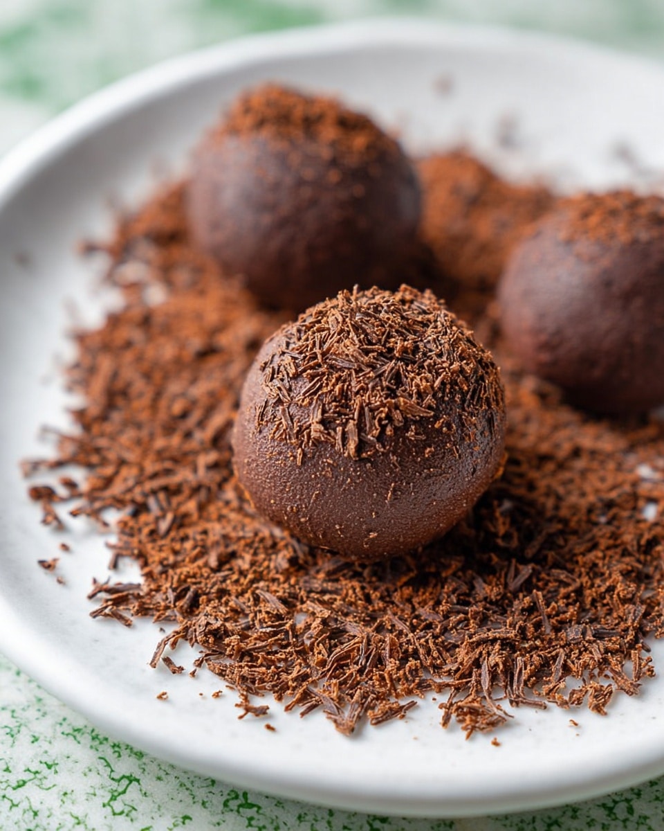 The image shows three smooth, round dark chocolate truffles placed on a white plate. Each truffle has a rough texture on the surface, with the closest one partially covered in small chocolate shavings that are also scattered around all truffles across the plate. The chocolate shavings are fine and curly, creating a rich, textured layer beneath the truffles. The plate sits on a white marbled background. Photo taken with an iphone --ar 4:5 --v 7