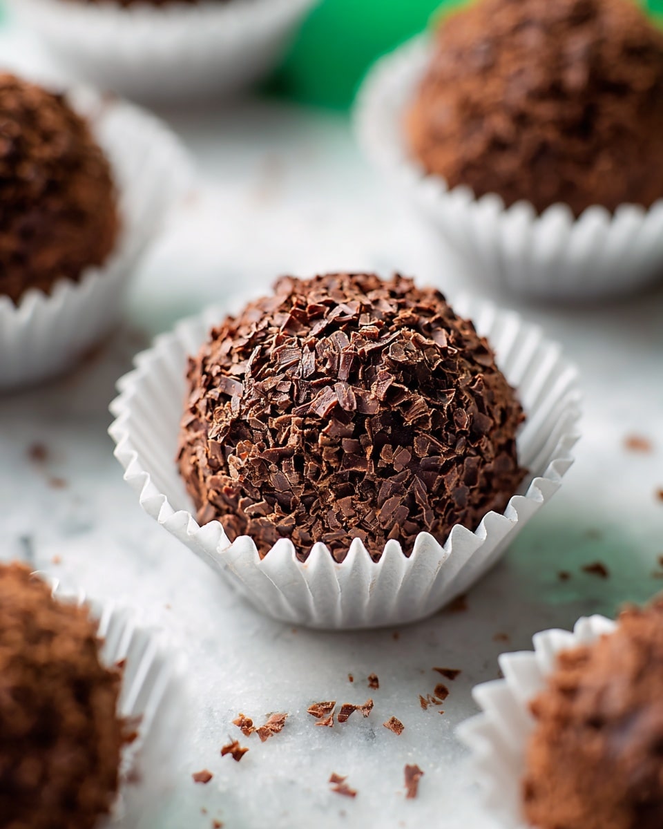 The image shows a close-up of a round chocolate truffle covered in small dark brown chocolate shavings. The truffle has a slightly rough texture from the shavings, with a rich dark brown color underneath. It sits in the center of a white ruffled paper cup, which has a soft, smooth texture and scalloped edges. Around the main truffle, there are more truffles in similar white paper cups, slightly blurred in the background. All the truffles rest on a white marbled surface that subtly contrasts with the dark chocolate. Photo taken with an iphone --ar 4:5 --v 7
