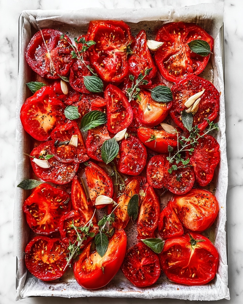 The image shows many red tomato halves arranged in a single layer on a white baking tray lined with parchment paper, each tomato showing different textures from smooth to wrinkled edges. On top of the tomatoes are small green leaves scattered evenly, as well as a few larger dark green leaves placed here and there, adding contrast. There are also some small whole garlic cloves nestled between the tomatoes, and everything looks lightly sprinkled with ground black pepper and fresh herbs. The tray is placed on a white marbled surface. photo taken with an iphone --ar 4:5 --v 7