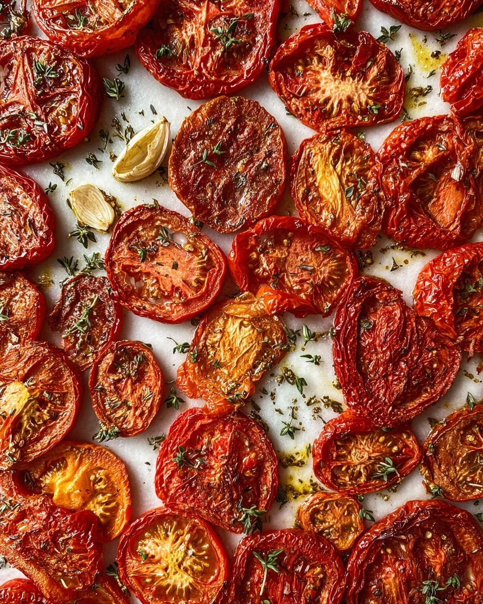 The image shows many roasted tomato slices spread out in one layer on a white marbled surface. The tomatoes are mostly deep red to orange with wrinkled, slightly shriveled textures. Some slices show seeds and juicy inner parts while others are drier and darker. There are small green herb leaves and dried thyme sprinkled over the tomatoes, along with a few whole garlic cloves scattered among them. The olive oil glistens lightly on the surface of the tomatoes, giving them a shiny look. photo taken with an iphone --ar 4:5 --v 7