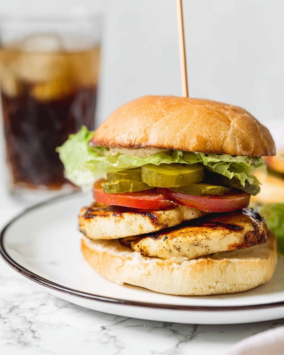 The image shows a sandwich with five clear layers on a white plate with a black rim, set on a white marbled surface. The bottom layer is a lightly toasted round bun with a golden brown color. On top of this bun is a layer of green lettuce with a fresh, crisp texture. Above the lettuce, there are slices of red tomato. Next, there are two golden brown grilled chicken pieces, showing some char marks and a slightly oily shine. Above the chicken, there are green pickle slices. The sandwich is topped by the top half of the toasted bun, which is held together with a wooden pick stuck straight down the center. In the background, there is a blurry glass filled with a dark drink and some ice. Photo taken with an iphone --ar 4:5 --v 7