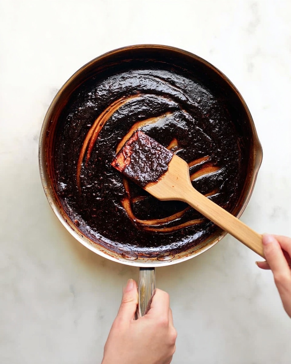 A shiny metal pan filled with a thick, dark brown sauce covering the bottom almost completely, with some streaks around the edges showing the pan's surface. A wooden spatula is spreading the sauce, with its flat head partly coated in the sauce. A woman's hand is holding the handle of the pan on the left side while another woman's hand holds the spatula on the right. The pan sits on a white marbled surface. Photo taken with an iphone --ar 4:5 --v 7