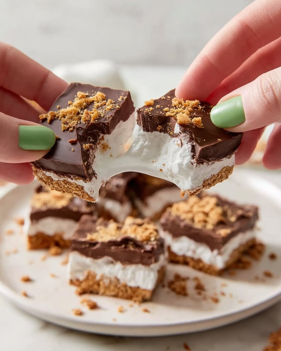 The image shows two pieces of a square treat being pulled apart by a woman's hands with green nail polish. Each piece has three layers: the bottom layer is white and soft like marshmallow, the middle layer is a smooth dark brown chocolate, and the top layer has small, crunchy, light brown crumbs scattered on it. The treat is held above a round white plate filled with more pieces of the same treat. All of this is on a white marbled surface, and the soft marshmallow stretches between the pieces as they are pulled apart. photo taken with an iphone --ar 4:5 --v 7