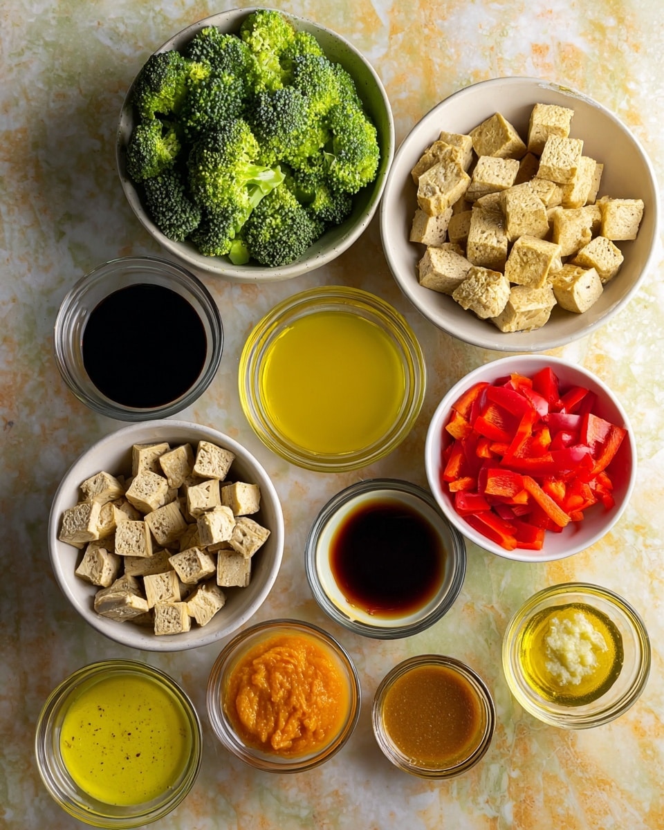 A top view of small bowls arranged closely on a white marbled surface, each holding different fresh ingredients: one bowl is filled with bright green broccoli florets, another with chunky light yellow tempeh cubes, a bowl with bright red chopped bell peppers, and several small bowls and glass cups contain various liquids and pastes in shades of dark brown, yellow, orange, and beige, plus grated pale yellow garlic and ginger. The bowls are mostly white, showing clean textures and colors of the ingredients strongly against the light background. photo taken with an iphone --ar 4:5 --v 7