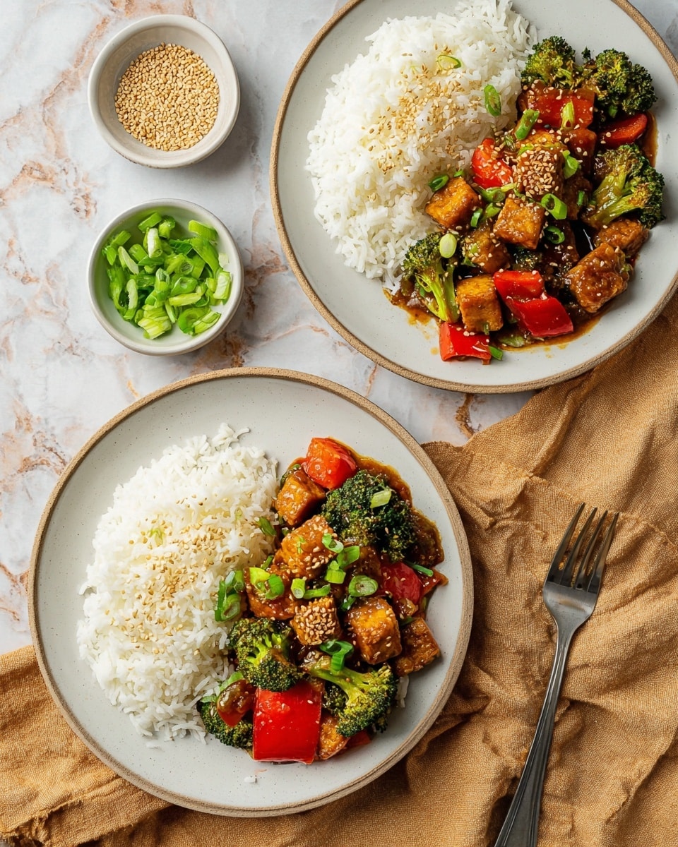 Two white plates each hold a meal with two main layers: on one side, there is a mound of white rice sprinkled with light brown sesame seeds, and on the other side, a colorful vegetable stir-fry layer featuring bright green broccoli florets, red bell pepper pieces, and small orange-brown tempeh cubes in glossy brown sauce topped with green chopped scallions and more sesame seeds. The plates sit on a white marbled surface with a light brown cloth below them. Nearby are small white bowls filled with sliced green scallions and sesame seeds, and a metal fork rests beside one plate. Photo taken with an iphone --ar 4:5 --v 7
