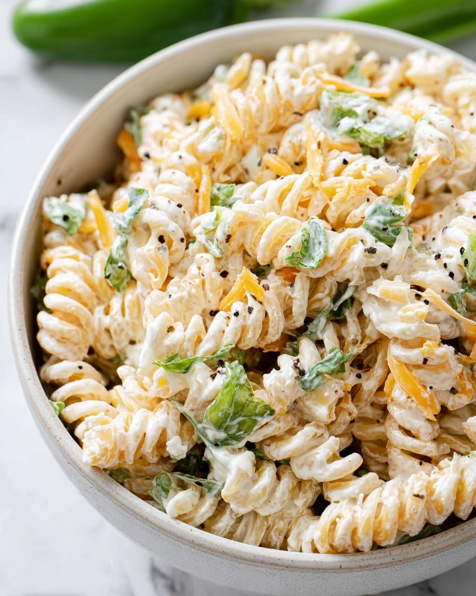This image shows close-up view of a white bowl filled with creamy pasta salad. The pasta is spiral shaped, light yellow, and mixed with small green leaves. There are thin strips of orange cheese scattered throughout. The creamy white sauce coats all parts, with small black pepper specks on top. The bowl sits on a white marbled surface with part of a green vegetable blurred in the background. photo taken with an iphone --ar 4:5 --v 7
