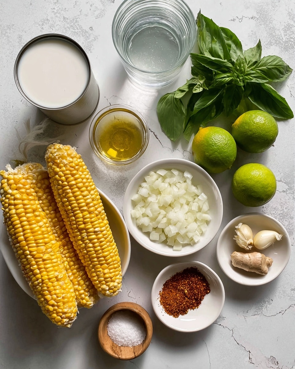 The image shows several fresh cooking ingredients arranged on a flat surface with a white marbled texture. In the lower left, there is a white bowl holding kernels of yellow corn and two corn cobs lying inside. Above this, an open can of thick white coconut milk is visible next to a clear glass container of water. To the right, fresh green basil leaves are spread next to two whole bright green limes and a bowl filled with chopped white onions. In the lower right corner, there are two small white dishes; one has finely chopped garlic and ginger, and the other contains a dark orange powder, likely a spice. Nearby, another small white bowl holds a reddish-brown spice powder, and a tiny wooden bowl contains coarse salt. A small clear container with a golden liquid, probably oil, is also included in the setup. Photo taken with an iphone --ar 4:5 --v 7
