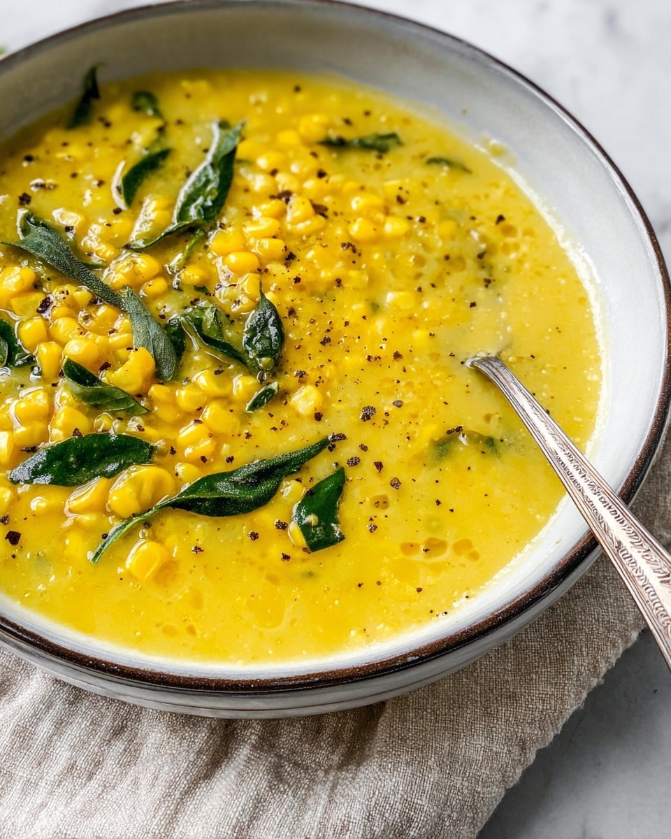 A close-up of a creamy yellow corn soup served in a white bowl with a dark rim, showing two layers: a thick, smooth yellow base and whole yellow corn kernels mixed throughout, with scattered bright green leafy pieces on top. The surface is sprinkled with small black pepper flakes. A silver spoon with a patterned handle rests inside the bowl on the right side. The bowl is placed on a light beige cloth over a white marbled surface. Photo taken with an iphone --ar 4:5 --v 7