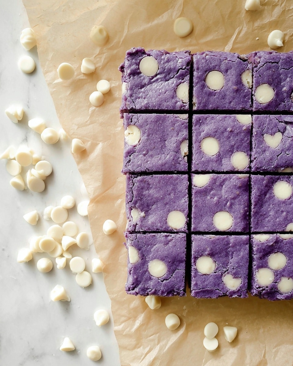 A square-shaped purple dessert with a cracked, slightly rough surface, divided into 3 rows and 4 columns of smaller square pieces. The purple layer has small white spots spread throughout, which look like white chocolate chips embedded inside. The dessert sits on a sheet of beige parchment paper scattered with white chocolate chips around it. The whole setting is on a white marbled surface. Photo taken with an iphone --ar 4:5 --v 7