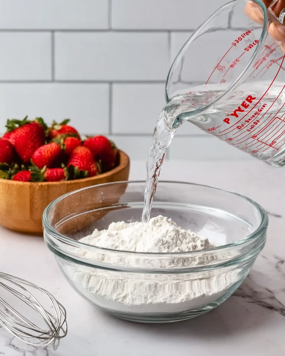 In the image, there is a clear glass bowl filled with white flour on a white marbled surface. Water is being poured into the bowl from a clear Pyrex measuring cup held by a woman's hand. Behind the bowl, there is a small wooden bowl filled with bright red strawberries with green leaves. A metal whisk lies next to the glass bowl. The background shows white tile walls, and the whole setup is bright and clean. photo taken with an iphone --ar 4:5 --v 7