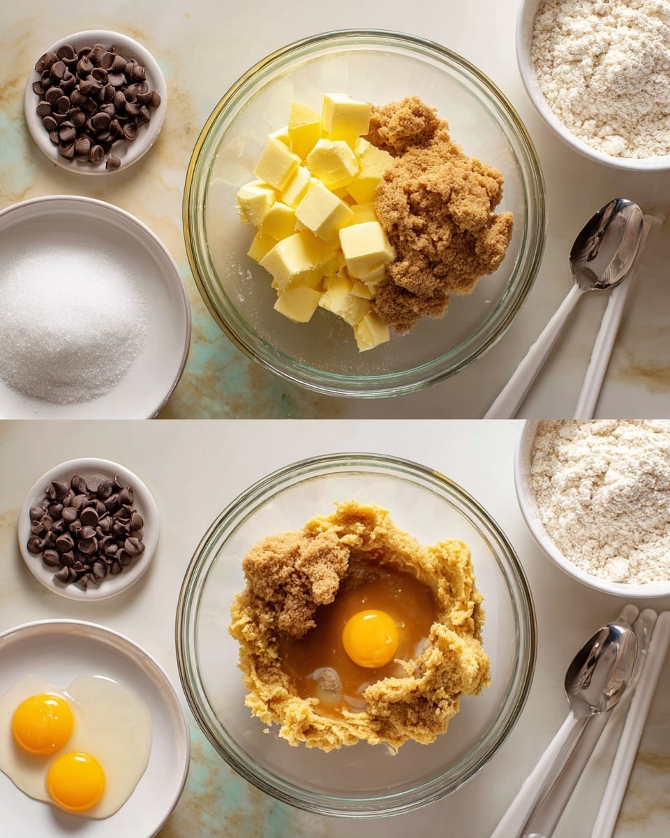 Two images show stages of mixing cookie dough in a clear glass bowl on a white marbled surface. The first image has four layers inside the bowl: yellow cubed butter at the bottom, topped by rough-textured light brown sugar and smooth white granulated sugar. Near the bowl, on a white plate, are dark brown chocolate chips and on another white plate, some flour with a silver spoon. The second image shows the dough as a light brown creamy mixture with two bright yellow egg yolks and thick brown vanilla liquid on top. Nearby are the same white plates of chocolate chips and flour with a silver spoon, and two white chopsticks lay on the right side. The overall scene has a soft, natural light. photo taken with an iphone --ar 4:5 --v 7
