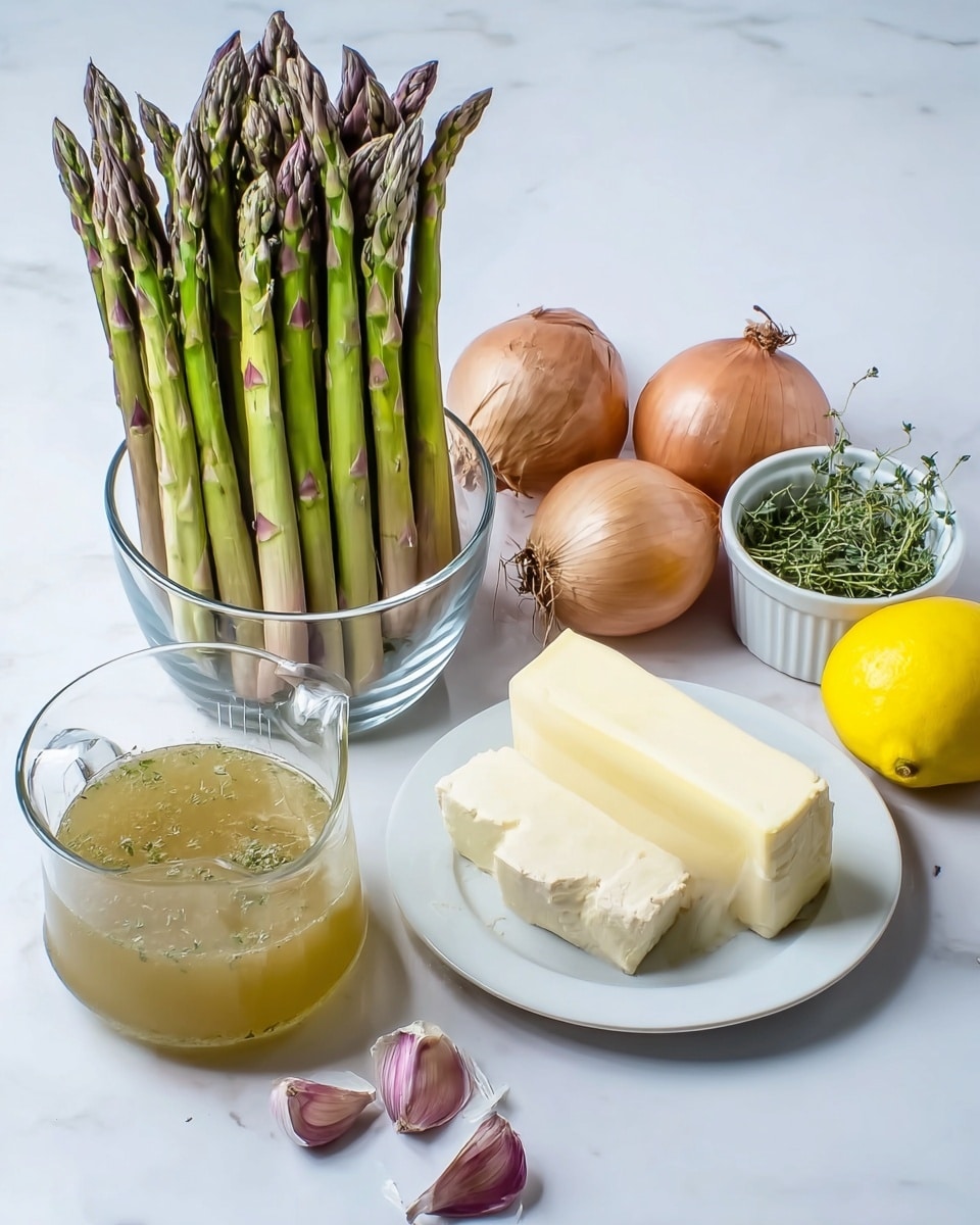 A group of green asparagus spears stands upright in a clear glass bowl on the left, showing their purple-tinged tips and smooth stalks. To the right, there are two round brown onions and a small white ramekin with green herb sprigs. In front of these, a white plate holds a pale yellow stick of butter inside a white ramekin and a block of pale ivory cheese with a firm texture. A bright yellow lemon sits next to the plate, and a few garlic cloves with purple hues lie scattered nearby. In the front left corner, a clear measuring jug contains a light greenish broth with herbs floating in it, set on a clean white marbled surface. photo taken with an iphone --ar 4:5 --v 7