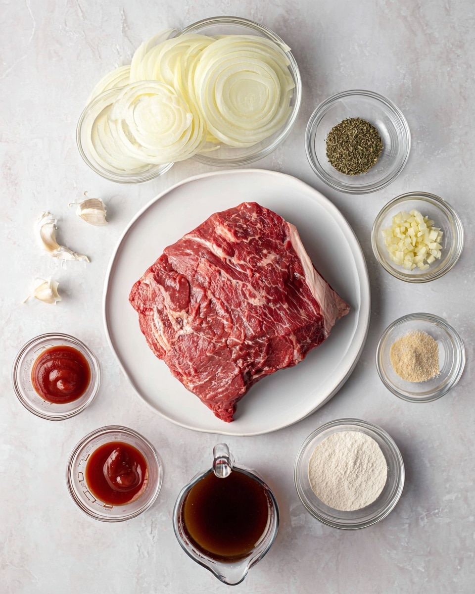 The image shows a flat piece of raw beef with a reddish-pink color and fat marbling resting on a white round plate in the center. Around the plate are several small clear glass bowls: at the top left, there is a bowl full of thinly sliced pale yellow onion layers; to the right of the onion, a bowl with dried green herbs; next to it, a small bowl of clear liquid. Below that, a measuring glass contains a dark reddish-brown sauce. On the left side, near the beef, is a small bowl with deep red ketchup, and nearby, another with finely chopped light yellow garlic. At the bottom, two small bowls hold white powder and beige powder. There is also a small bowl with half salt and half black pepper mix. All these are placed on a white marbled surface. Photo taken with an iphone --ar 4:5 --v 7