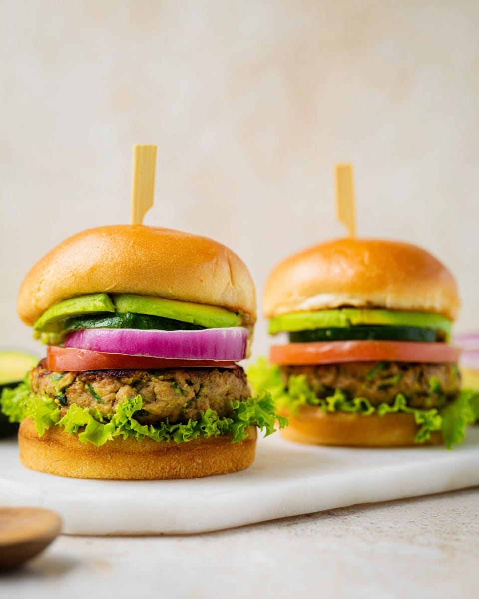 Two veggie burgers sit side by side on a white marbled surface. Each burger has five layers: a soft golden brown bun top with a wooden skewer, bright green avocado slices just below the bun, a thick patty with visible green vegetable bits, slices of purple onion under the patty, and fresh, curly green lettuce resting on a slice of red tomato on a golden brown bun bottom. The background is light with a soft, neutral tone, and the focus is sharp on the front burger. Photo taken with an iphone --ar 4:5 --v 7