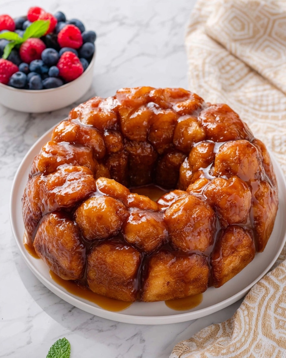 A round monkey bread sits on a white plate, made of many small, golden-brown dough pieces clustered together in a ring shape with a hollow center. The dough pieces are covered with a shiny, sticky caramel sauce that drips over the top and pools slightly between the folds, giving a rich, glossy texture. Next to the plate is a small white bowl filled with fresh blueberries and raspberries, topped with a small green mint leaf. The background is a white marbled surface with a beige and white patterned cloth partially visible on the right side. Photo taken with an iphone --ar 4:5 --v 7