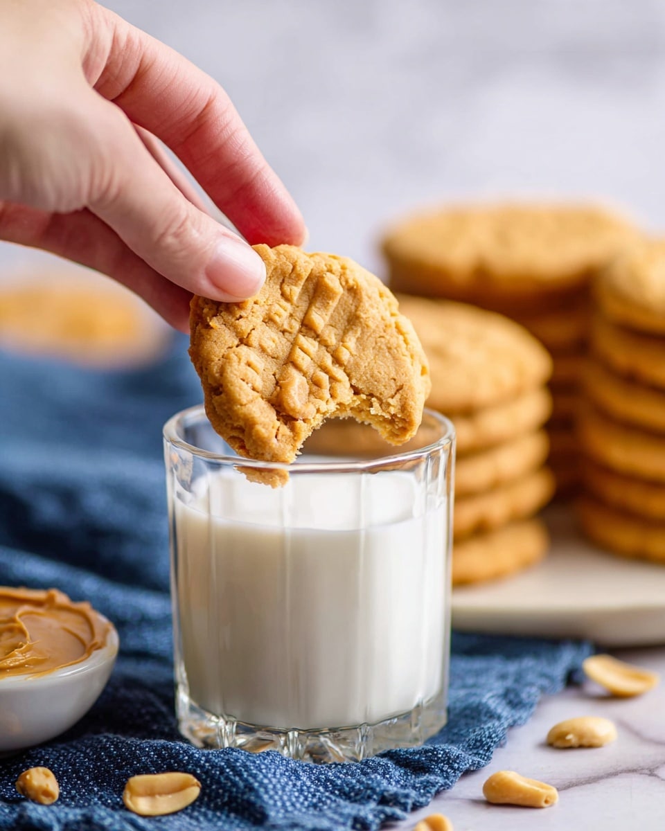 A close-up image shows a woman's hand holding a golden brown peanut butter cookie with a slightly rough texture and small peanut pieces, dipping it into a clear glass filled with white milk; in the background, more cookies are stacked on a round white plate and scattered on a blue cloth, with a small white bowl of creamy peanut butter placed nearby, all set against a white marbled surface. photo taken with an iphone --ar 4:5 --v 7