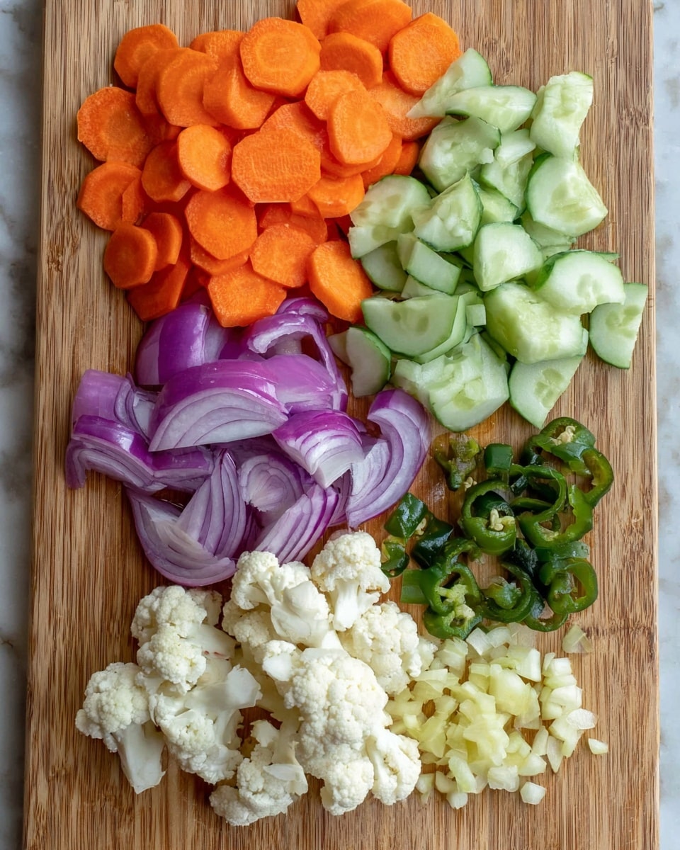 The image shows six groups of chopped vegetables on a wooden board with a white marbled texture background. At the top left are round, thin slices of bright orange carrots. To the right of the carrots are light green cucumber slices, some curved and some in half-moon shapes. Below the cucumbers are small white cauliflower florets with a rough texture. Next to the cauliflower on the bottom left are thin slices of purple-red onion with a slightly transparent look and visible rings. To the right of the cucumbers are small slices of dark green jalapeño peppers with a shiny surface, and above these are tiny diced pieces of light yellow garlic. The arrangement is neat with clear separation between each vegetable group photo taken with an iphone --ar 4:5 --v 7