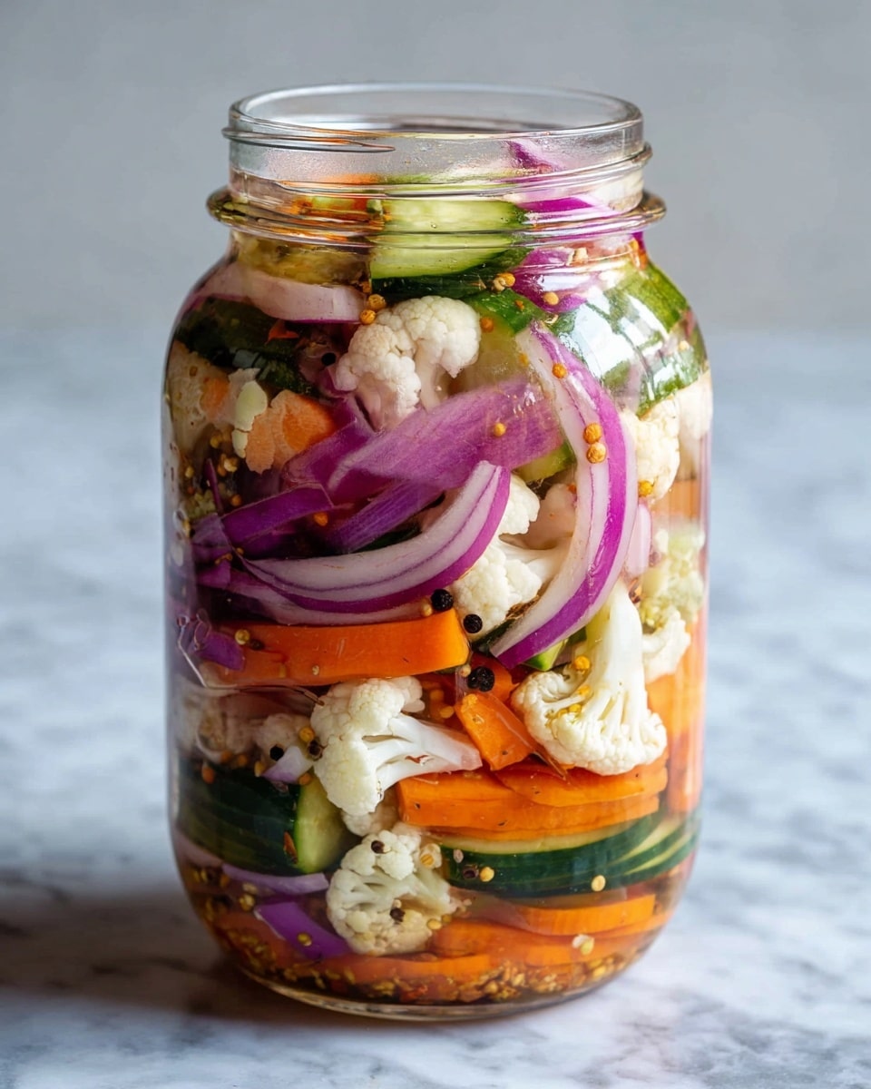 A clear glass jar filled with many layers of pickled vegetables sits on a white marbled surface. The bottom layer shows thin orange carrot slices with crisp texture. Above that, there are layers of purple-red onion rings, and slices of green cucumber. Large white cauliflower florets are spread throughout the jar, giving it a chunky look. The jar also contains small round mustard seeds and black peppercorns scattered inside, floating in clear pickling liquid. The vegetables have bright and fresh colors, packed tightly in the jar. Photo taken with an iphone --ar 4:5 --v 7