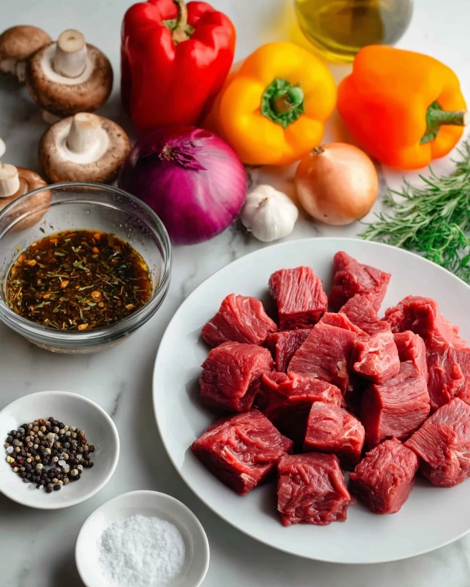 The image shows a white plate with several pieces of raw red meat cut into chunks placed in the center. Around the plate, there are different colorful vegetables on a white marbled surface: a red bell pepper, an orange bell pepper, a yellow bell pepper, a whole purple onion, three brown mushrooms, and a whole garlic bulb. There are also two small white bowls in the foreground, one filled with salt and the other with mixed black and white peppercorns. A clear glass bowl in the front contains a dark sauce mixed with green herbs and spices, with some cream and brown bits on top. A clear bottle of oil is visible in the background. A woman's hand is partly visible holding a part of the scene. Photo taken with an iphone --ar 4:5 --v 7