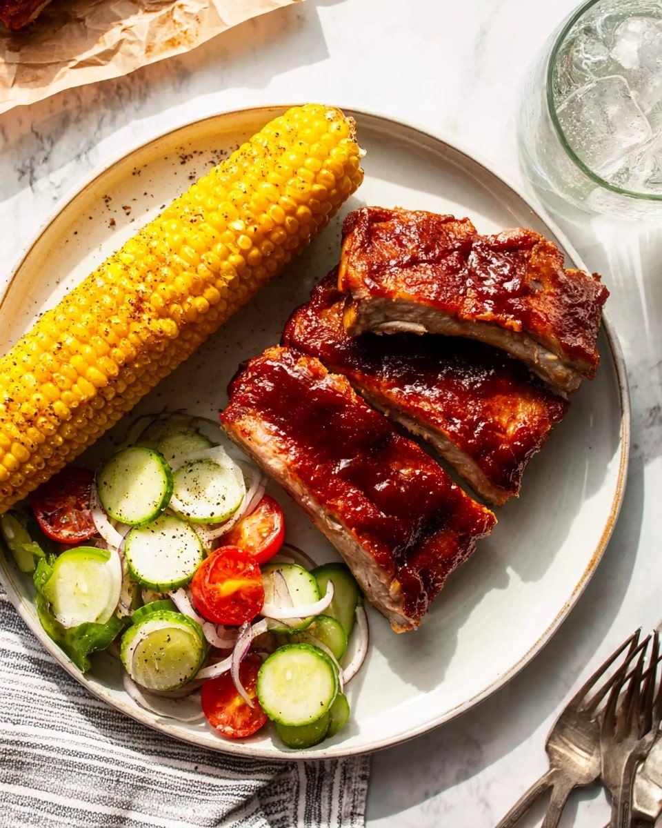 The image shows a white plate on a white marbled surface. On the plate, there are three thick ribs with a shiny dark red sauce on top, showing a moist texture and some crispy edges. To the left of the ribs is a bright yellow corn on the cob, lightly speckled with black pepper. Below the corn and ribs is a small side salad made of chunky green cucumber slices mixed with red cherry tomato halves and thin onion rings, all lightly seasoned. To the upper right of the plate is a clear glass with ice and water, resting on a white and gray striped cloth. A woman's hand is placing ribs on brown paper at the top left corner. The overall lighting is bright and natural. photo taken with an iphone --ar 4:5 --v 7