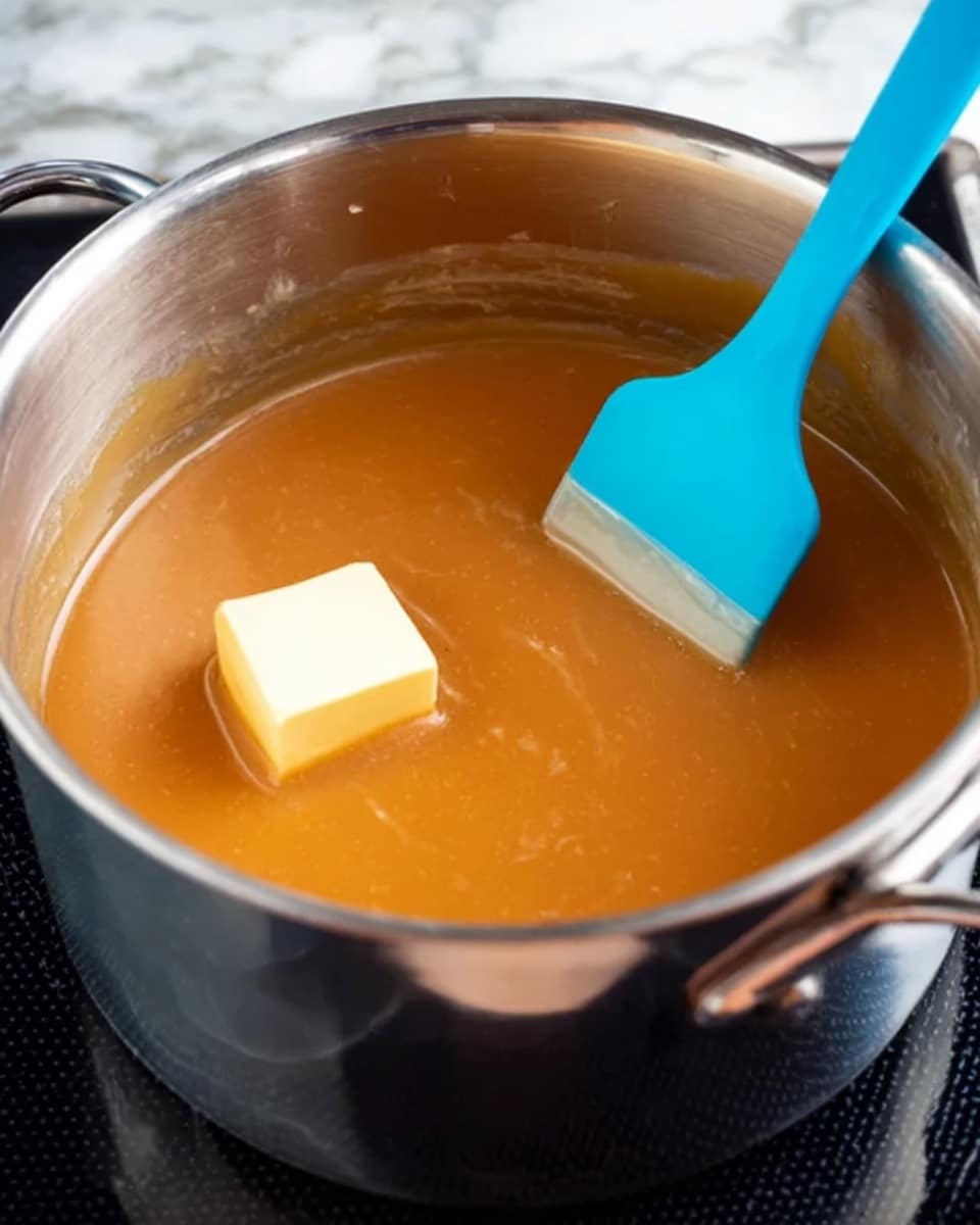 A shiny silver pot filled with a thick, smooth caramel-colored sauce with a glossy texture. A melting square of pale yellow butter floats on top near the edge, while a bright blue silicone spatula is resting inside the pot, stirring the mixture. The pot is set on a black shiny stovetop, and the scene is close up to show the thick texture of the sauce and the soft melting butter. The background shows a blurred white marbled texture. photo taken with an iphone --ar 4:5 --v 7