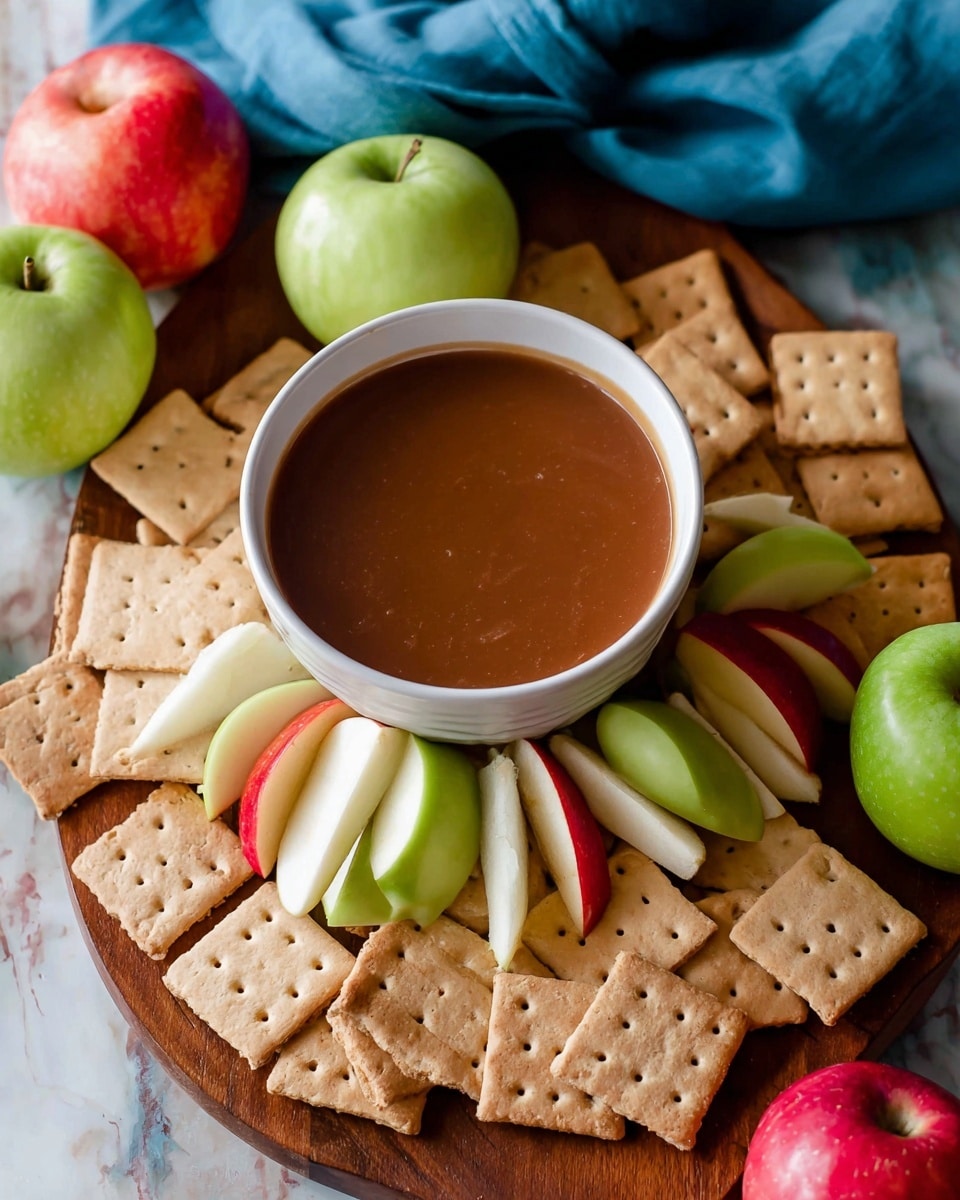 A white bowl filled with smooth brown caramel sauce sits in the bottom center of the image on a wooden tray, surrounded by many light brown square graham crackers with holes placed around the top and right sides of the caramel. Inside the middle area of the crackers are many apple slices showing layers of red and green skins with white interiors, stacked unevenly. Around the tray are whole green and red apples, and a blue cloth is draped on the left side on a white marbled texture surface. The lighting is natural and soft, making the colors look warm and fresh photo taken with an iphone --ar 4:5 --v 7