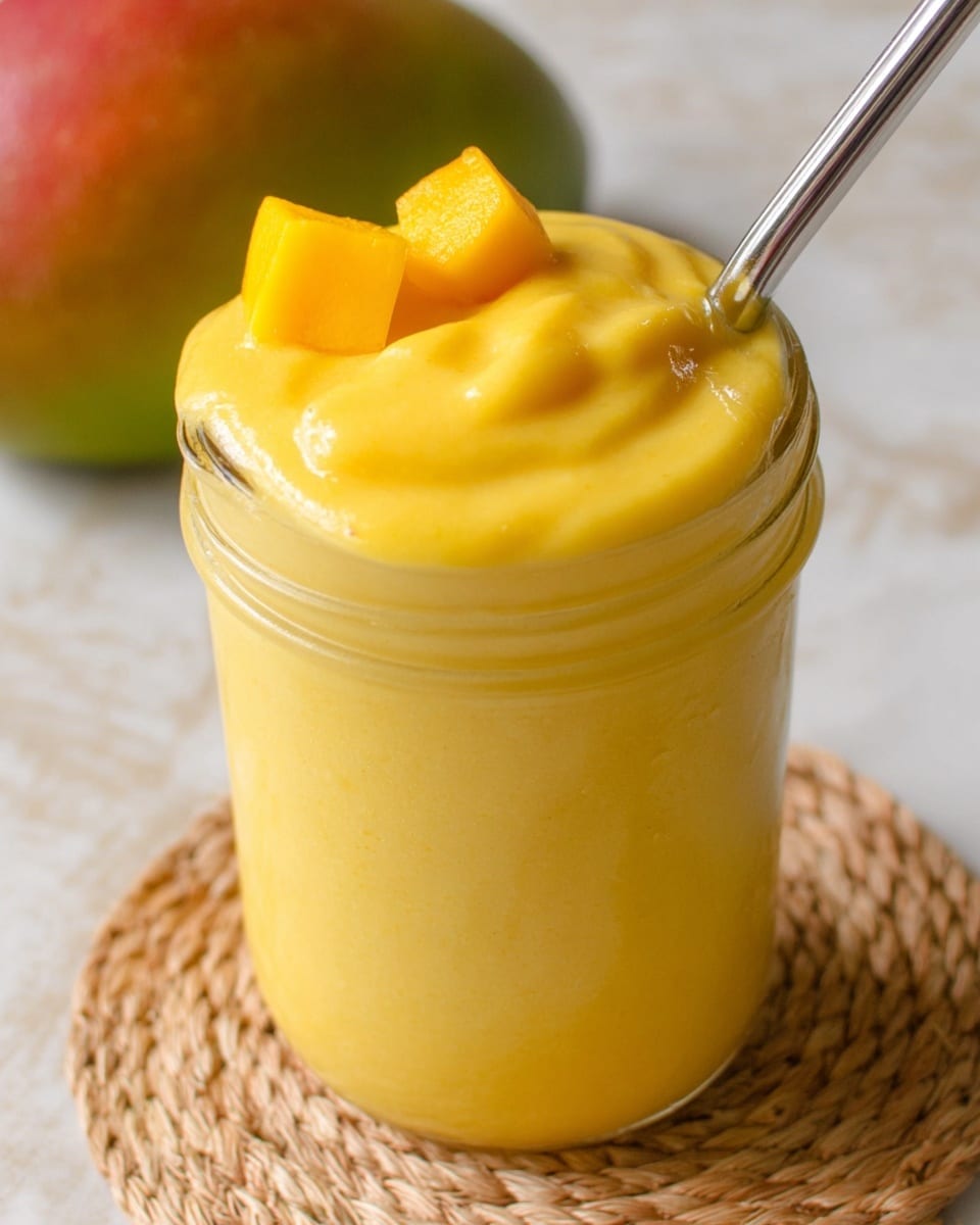 A clear glass jar filled with a thick, smooth yellow mango smoothie that slightly overflows at the top, with three bright yellow mango chunks placed on the surface. A shiny metal straw is inserted on the right side of the jar. The jar sits on a round woven mat on a white marbled surface, with a blurred whole mango in the background. photo taken with an iphone --ar 4:5 --v 7