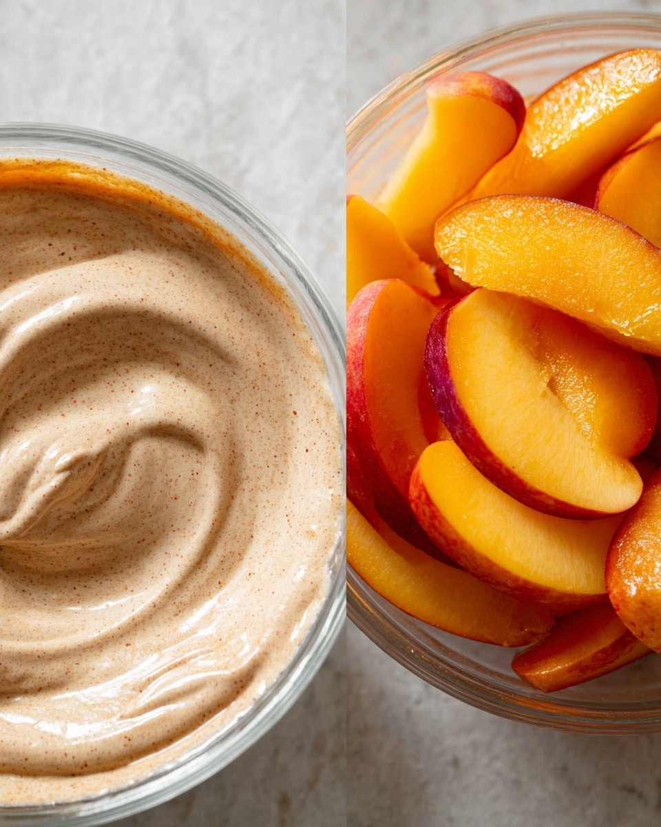 The image shows two clear bowls side by side on a white marbled surface. The left bowl holds a thick, creamy mixture that is light brown with tiny specks, arranged in smooth swirled patterns. The right bowl is filled with many bright orange and yellow slices of fruit with red edges, piled loosely and showing their soft, juicy texture. photo taken with an iphone --ar 4:5 --v 7
