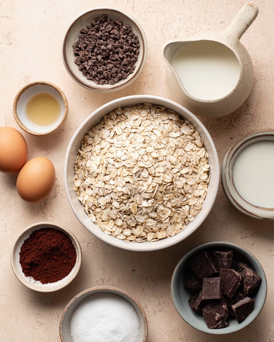 A round white bowl filled with light beige rolled oats takes center stage on a light brown surface. Around it, several small white bowls and measuring cups hold dark brown cocoa powder, dark chocolate chips, and dark syrup. Two white eggs, a small bowl of white powder (baking soda), a small bowl of clear liquid (oil), and a light beige jug filled with a white liquid (milk) are arranged nearby. The scene is simple and clean with a soft natural light. photo taken with an iphone --ar 4:5 --v 7