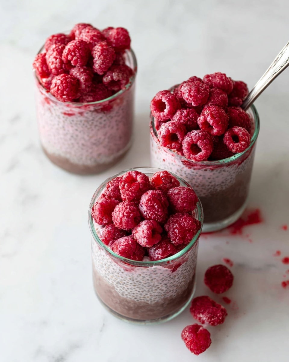 Three clear glass cups are filled with a layered dessert. The bottom layer is a dark brown, smooth pudding-like base. Above this is a pinkish chia seed pudding layer that has a creamy texture with small seeds visible. The top layer is fresh, bright red raspberries, full and plump, resting on the chia pudding. Each cup is filled to the brim with the raspberry topping spilling slightly over the edges. The cups are placed on a white marbled surface, with one cup showing a spoon inside it. Some raspberry juice and a few berries are scattered on the surface near the cups. Photo taken with an iphone --ar 4:5 --v 7