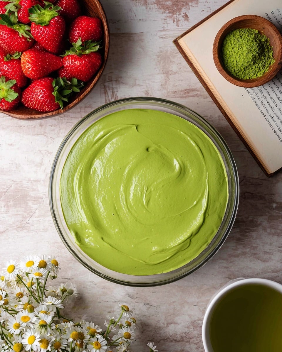 A clear round glass bowl filled with one thick layer of smooth bright green matcha mixture, showing soft swirls on the surface. Around the bowl, there are fresh red strawberries with green leaves, some whole and some sliced in half, placed on an open book, and a small wooden bowl of green powder. To the right side, part of a white cup with green matcha tea is visible on a white marbled surface. A small bouquet of white chamomile flowers with yellow centers also appears near the cup. Photo taken with an iphone --ar 4:5 --v 7
